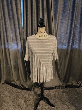 Lane Bryant LIVI Active Pink and Light Gray Striped Ruffle-Hem Short Sleeve Top